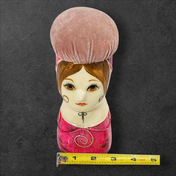 Vintage Papier-Mâché Lady Head Pin Cushion, Gemma Taccogna Style, 8" Pink MCM - Picture 11 of 12